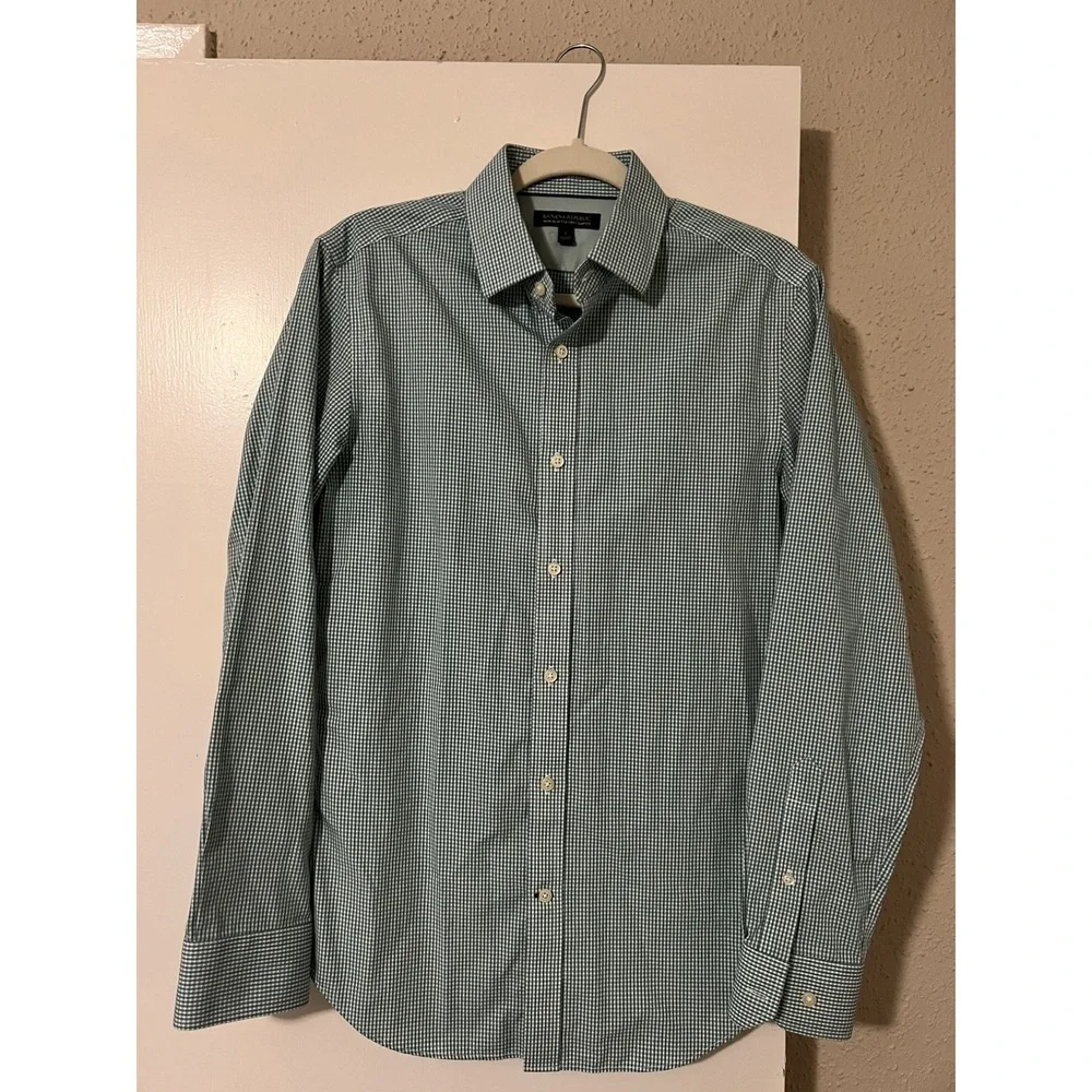 MEN BANANA REPUBLIC SOFT‎ WASH DRESS SHIRT WHITE AND GREEN PLAID SIZE S SLIM FIT